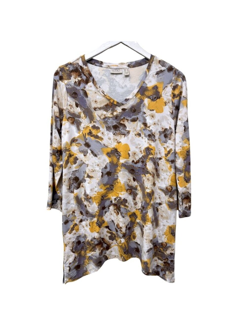 LOGO Lori Goldstein Tunic Tee Womens Medium Top Yellow Print Pockets 3/4 Sleeve
